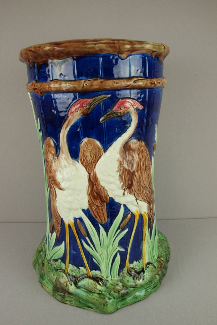 FORESTER majolica "Numidian Crane" cobalt garden : FORESTER majolica "Numidian Crane" cobalt garden seat, 20", lacking handle in seat, hairline to seat