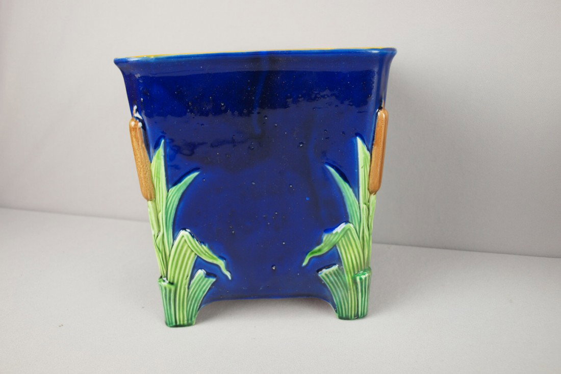 MINTON cobalt majolica bullrush square cachepot, : MINTON cobalt majolica bullrush square cachepot, professional repair to corner of base and to hairline, 8 3/4"h