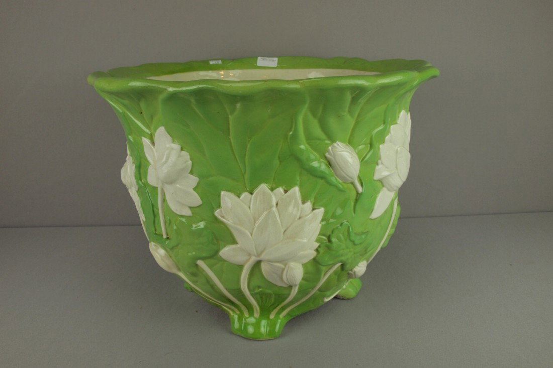 MINTON majolica green and white water lily footed: MINTON majolica green and white water lily footed jardiniere, 14"h, 19"d, shape no. 198