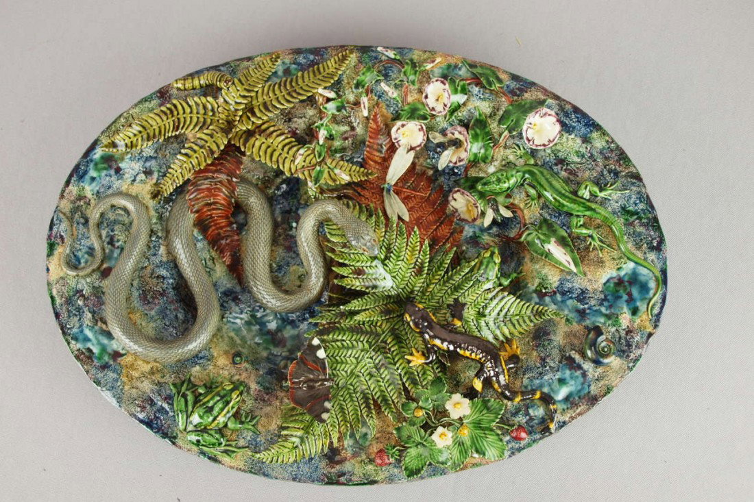 Geoffrey Luff large Palissy Ware plaque with snak: Geoffrey Luff large Palissy Ware plaque with snake, frog, salamander, lizard, dragonfly and other sealife and plants, 18" x 13"
