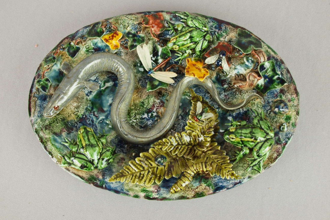 Geoffrey Luff Palissy Ware plaque with eel, frogs: Geoffrey Luff Palissy Ware plaque with eel, frogs, dragon fly and other sealife, 12" x 9"