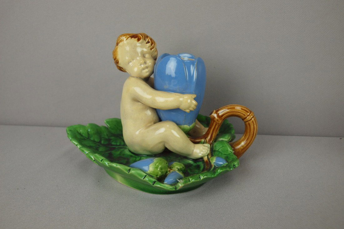 MINTON putti on leaf chamber candle holder, 5", p: MINTON putti on leaf chamber candle holder, 5", professional rim repair to leaf