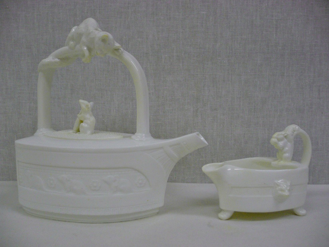 MINTON "Flat Iron" from rare porcelain teapot, ca: MINTON "Flat Iron" from rare porcelain teapot, cat resting on handle peering over mouse with carrot, sides decorated with three mice on each side, 7 1/2", ref: Karmason-Stacke p. 2, shape no 1924, imp