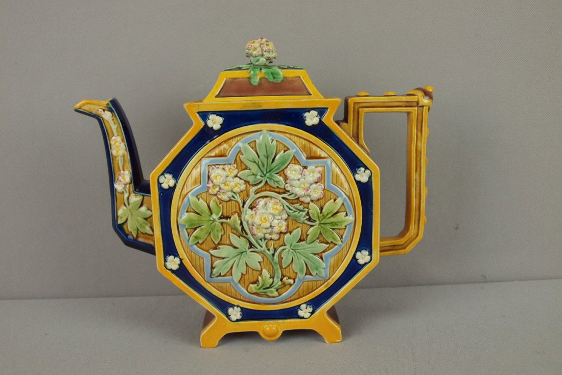 T.C. BROWN WESTHEAD MOORE & CO octogon floral tea: T.C. BROWN WESTHEAD MOORE & CO octogon floral teapot, good color, professional repair to lid finial, spout and handle
