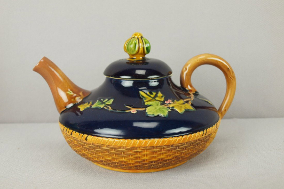 BROWNFIELD cobalt basketweave and ivy teapot, pro: BROWNFIELD cobalt basketweave and ivy teapot, professional repair to spout, 4"h