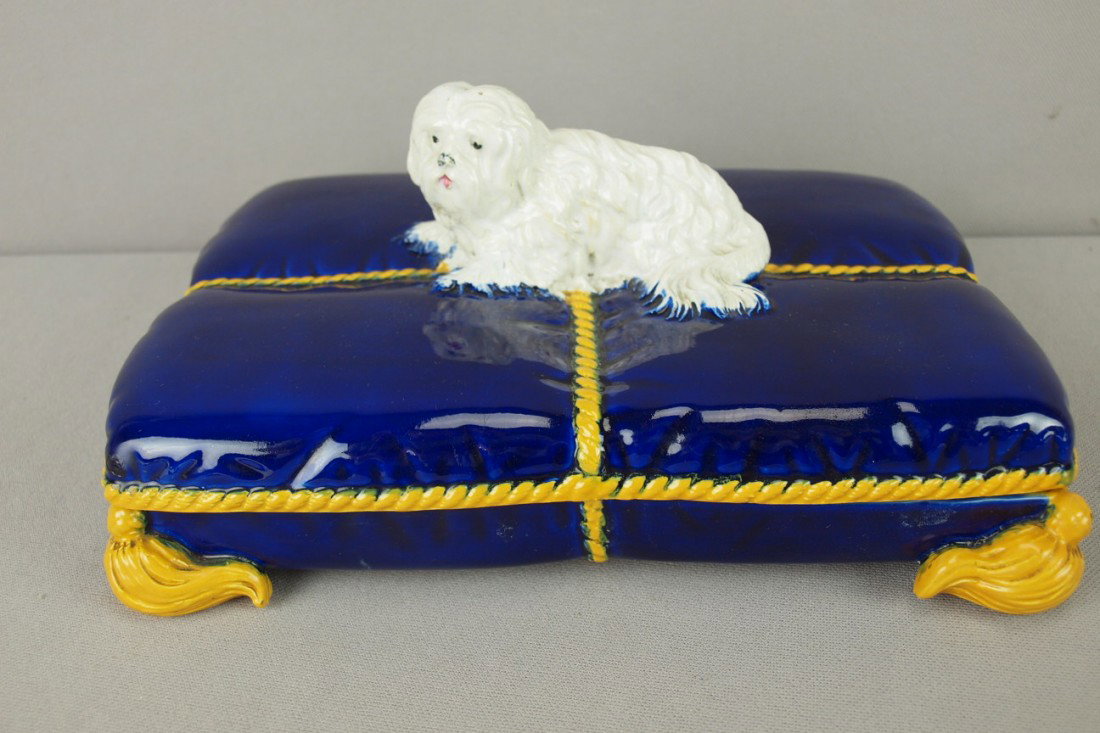 GEORGE JONES majolica inkstand in the form of a d: GEORGE JONES majolica inkstand in the form of a dog on a cushion, 11", tiny chip to edge of cushion professionally repaired, outstanding color and detail