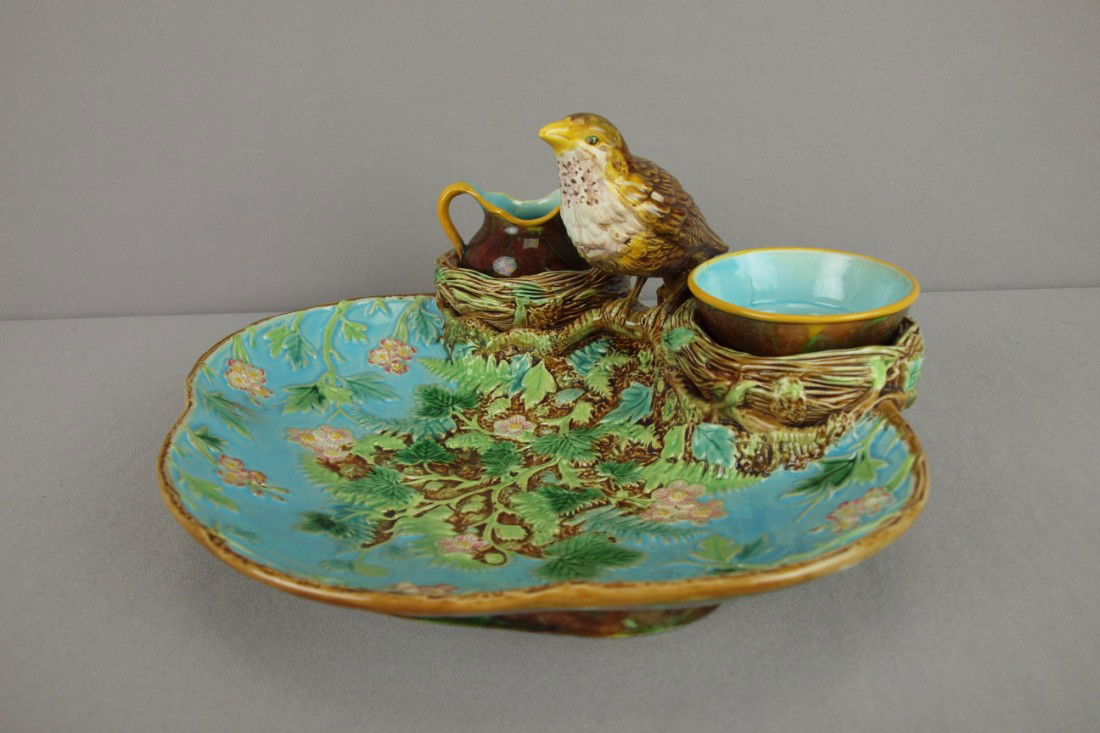 GEORGE JONES strawberry server with bird handle c: GEORGE JONES strawberry server with bird handle complete with matching sugar and creamer, nice color and detail, professional repair to bird's beak and tail