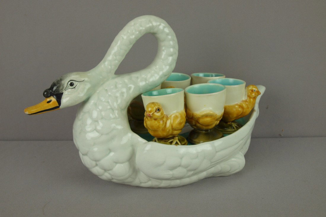 George Dreyfuss swan egg server, complete with si: George Dreyfuss swan egg server, complete with six chick egg cups, outstanding detail, 13"l, professional repair to two egg cup rims, very rare form