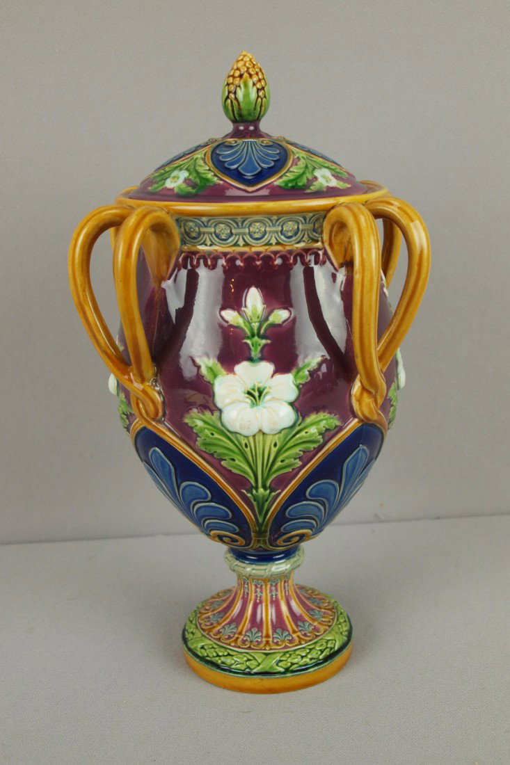 MINTON majolica covered urn with purple ground an: MINTON majolica covered urn with purple ground and 4 vine handles, professional repair to handles and lid rim, 11 1/2"