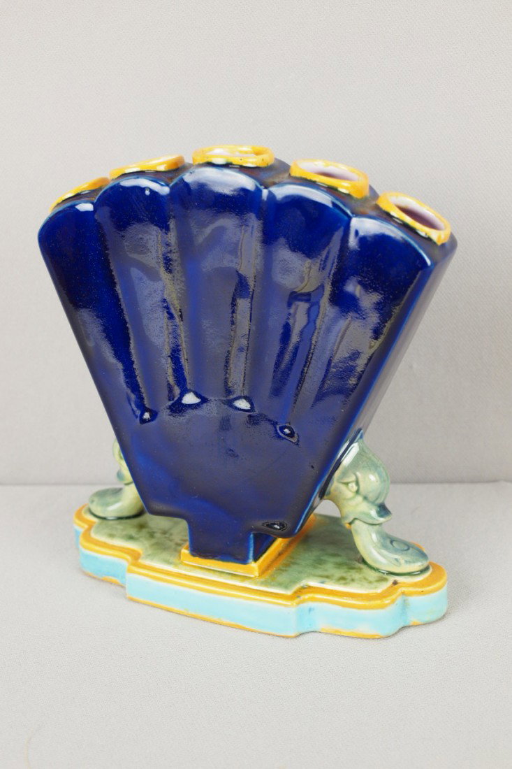 MINTON cobalt majolica fan shape 5 hole posey vas: MINTON cobalt majolica fan shape 5 hole posey vase with dolphins, 6 3/4", shape no. 1487