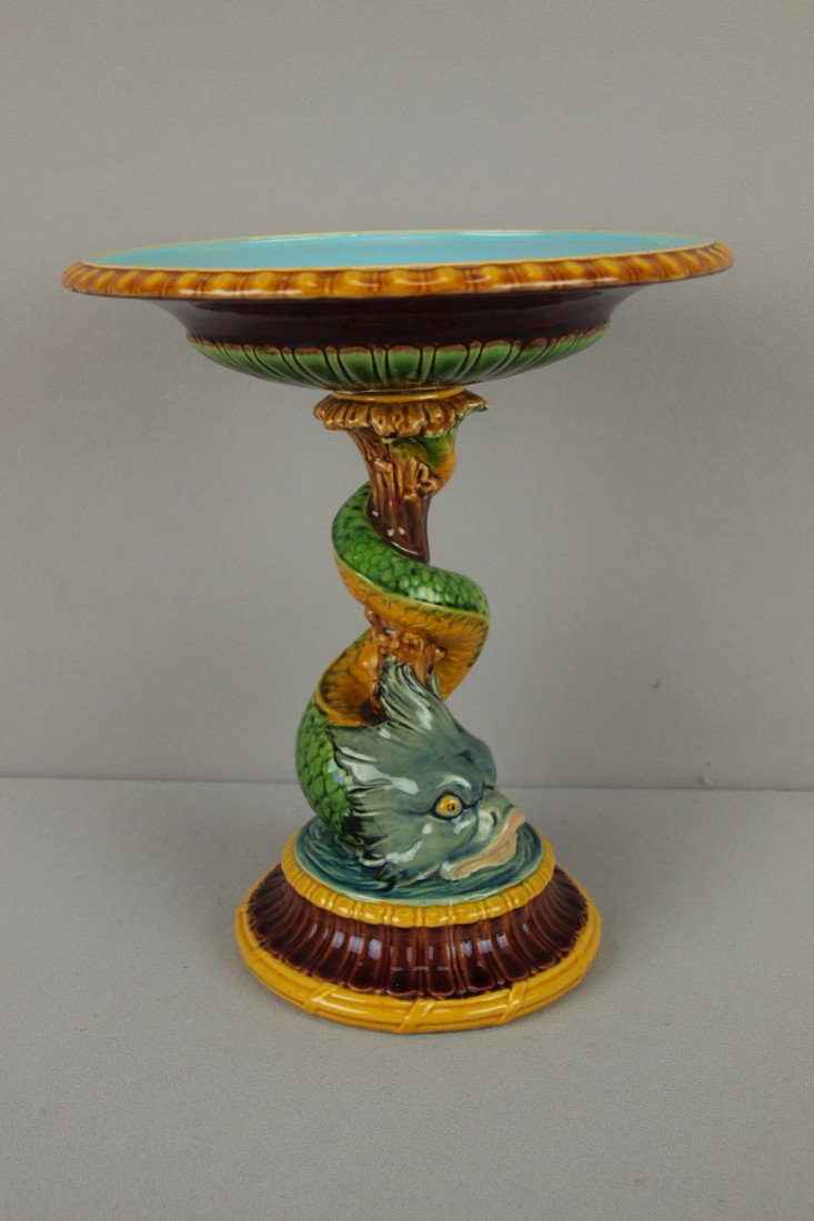 MINTON majolica dolphin comport, 10", professiona: MINTON majolica dolphin comport, 10", professional repair to stem