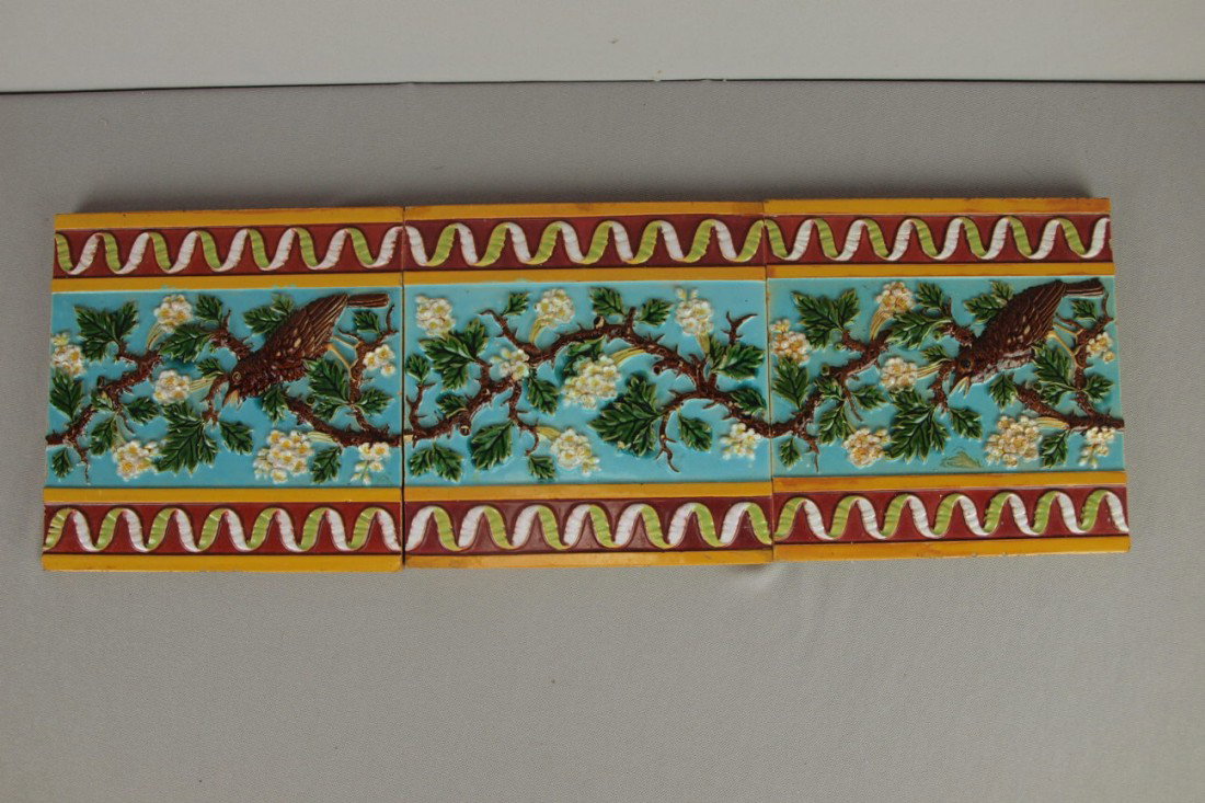 GEORGE JONES set of 3-8" square tiles with birds,: GEORGE JONES set of 3-8" square tiles with birds, flowers and vine, minor surface wear