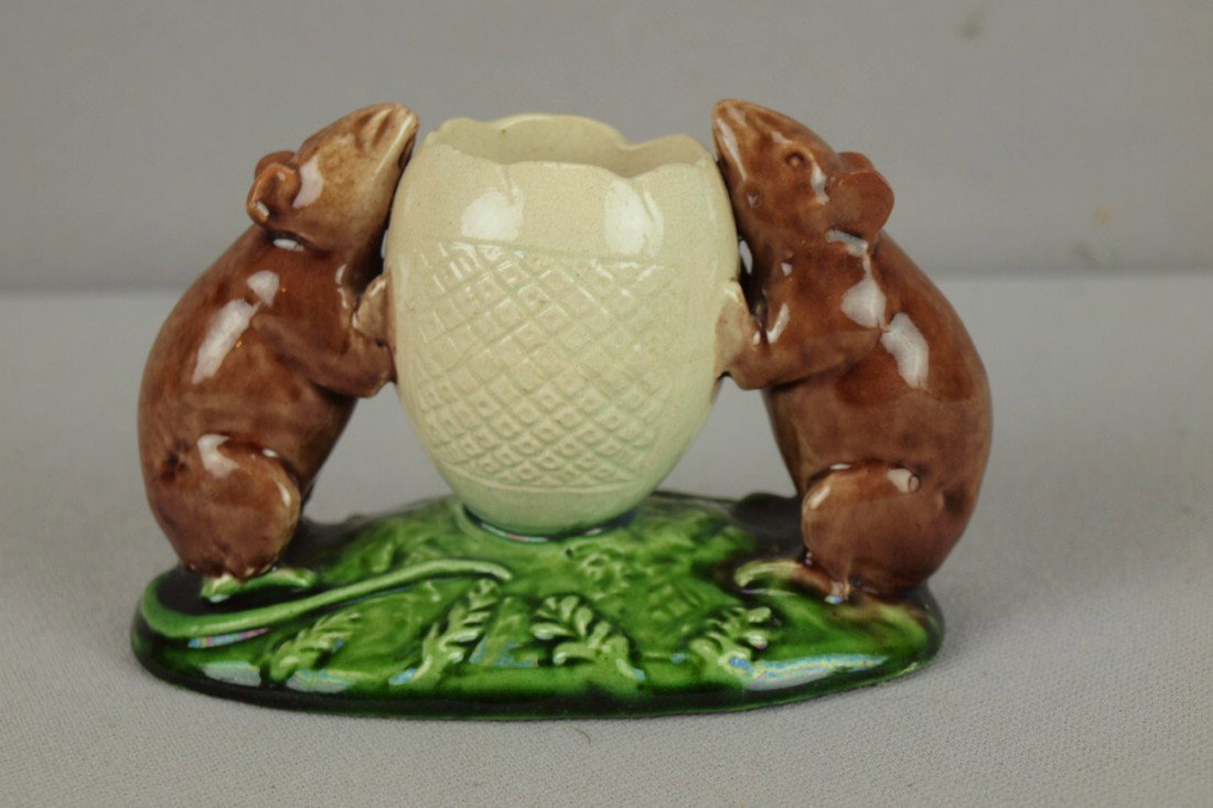 Watcombe majolica rare toothpick holder in the fo: Watcombe majolica rare toothpick holder in the form of two mice holding an egg, 3"h, 4 1/2"w, professional repair to ears
