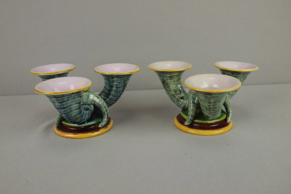 MINTON majolica pair of tri-cone vases, shape no.: MINTON majolica pair of tri-cone vases, shape no. 970, 3"h, professional rim chip repair to one
