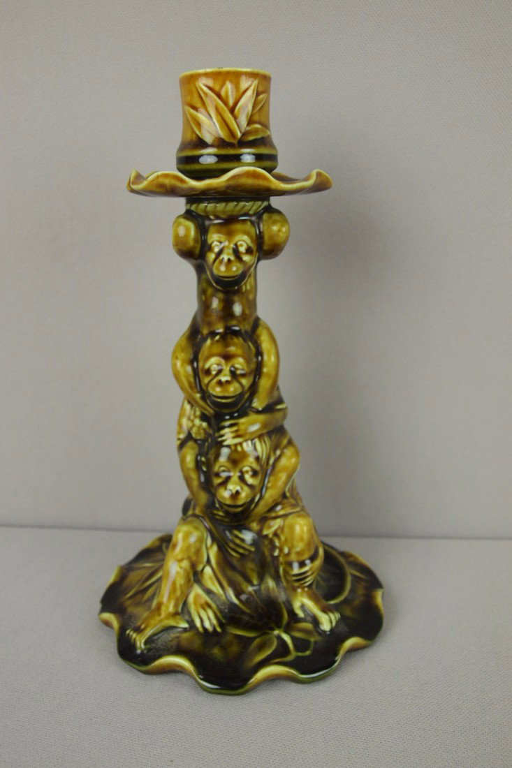 MINTON majolica candle stick with three monkeys a: MINTON majolica candle stick with three monkeys atop one another, 9"