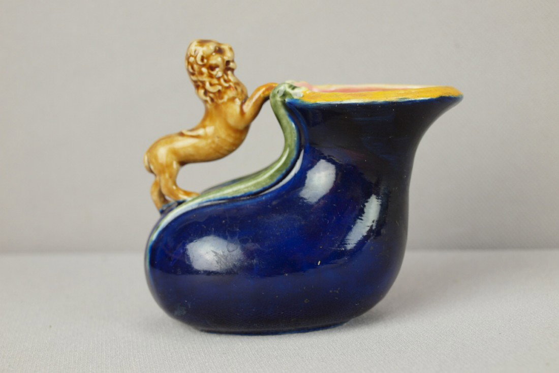 MINTON cobalt creamer with lion handle, repair to: MINTON cobalt creamer with lion handle, repair to rim of creamer and lions front feet, 3 1/2"h
