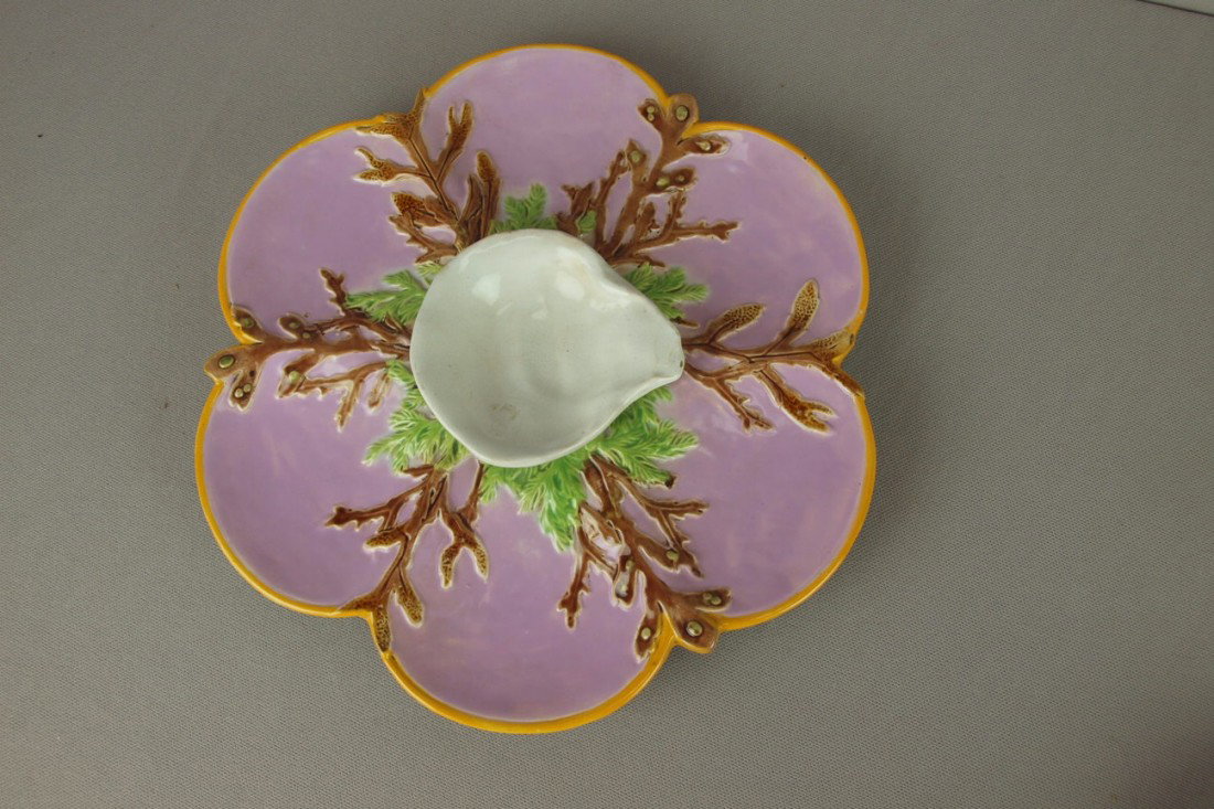 GEORGE JONES majolica pink 6 well oyster plate wi: GEORGE JONES majolica pink 6 well oyster plate with raised shell center, great color and detail, 10 1/4"