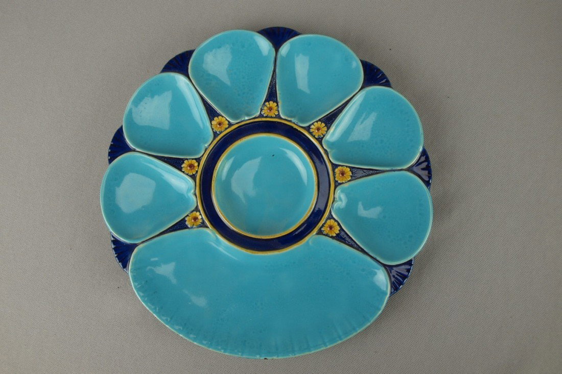 MINTON turquoise and cobalt 6 well oyster plate w: MINTON turquoise and cobalt 6 well oyster plate with cracker well, 10", nice color
