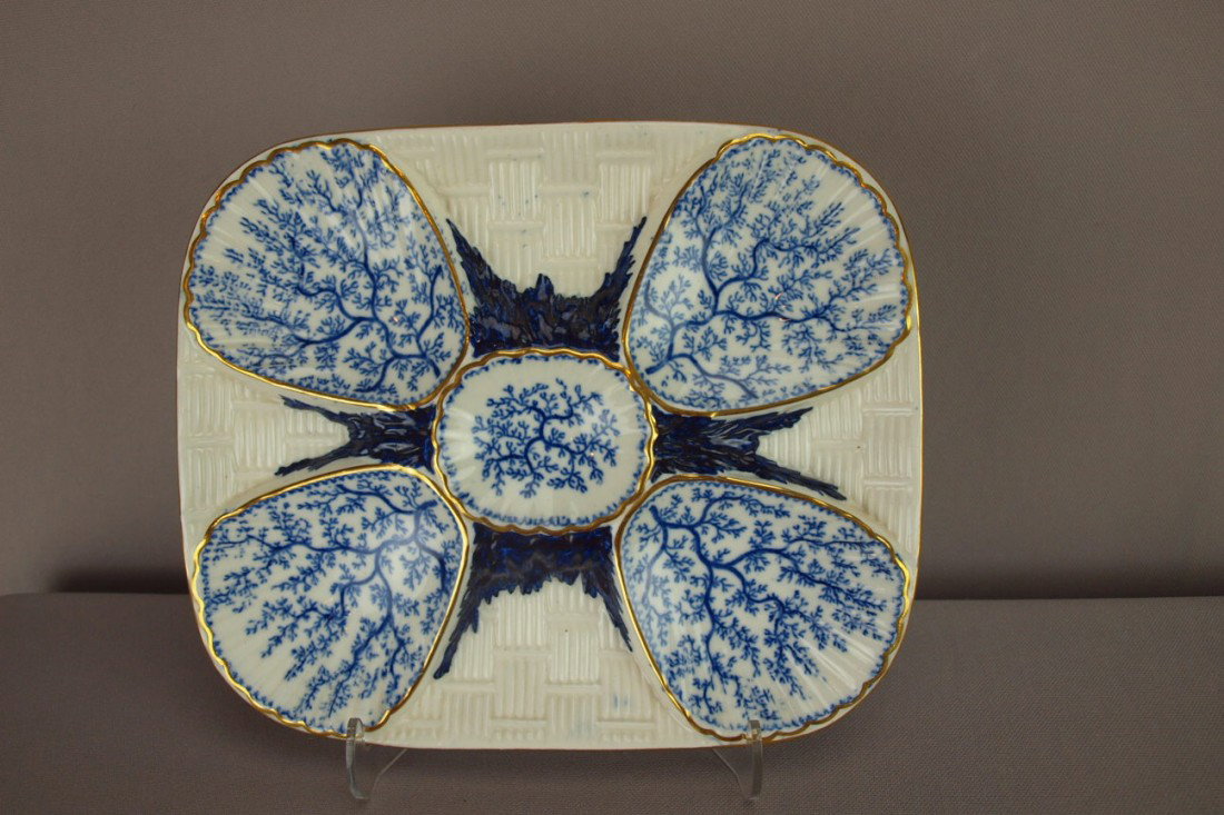 MINTON porcelain blue and white 4 well oyster pl: MINTON porcelain blue and white 4 well oyster plate in the form of a basketweave tray and 4 shell decorated wells, hard to find, 9"