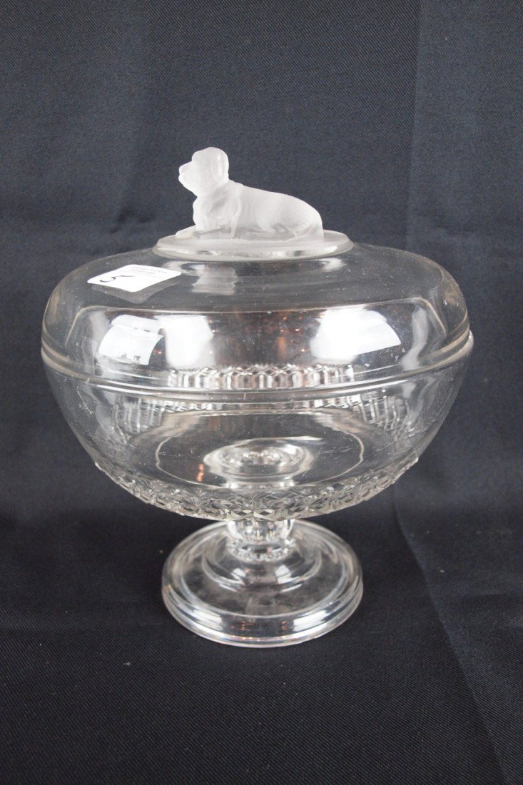 EAPG Frosted Dog covered compote, 9 1/2"h, 8 1/2"d,