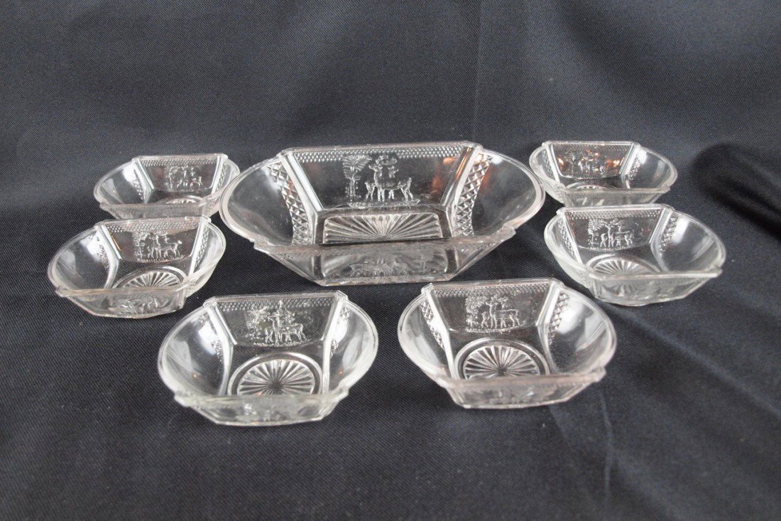 EAPG "Deer and Pine Tree" 7 piece berry set, minor 