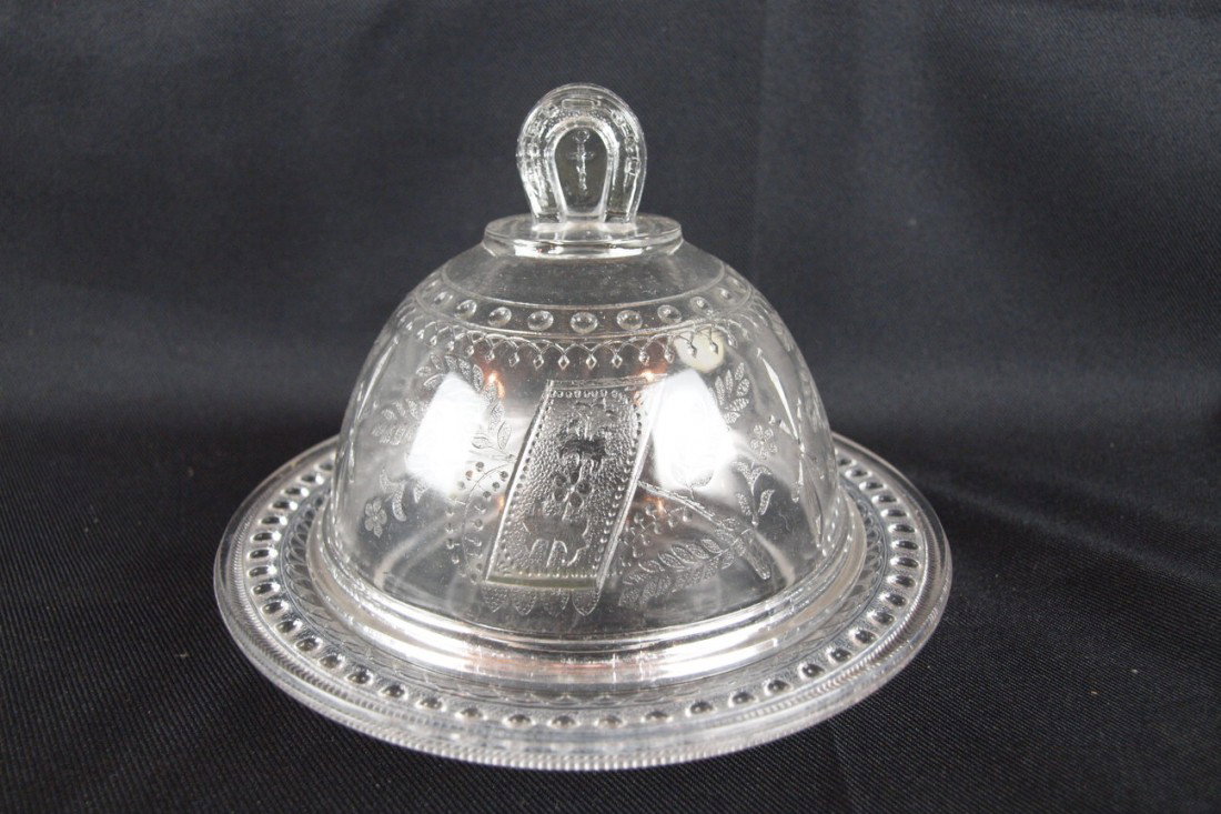 EAPG "Good Luck" covered cheese dish with lady and 