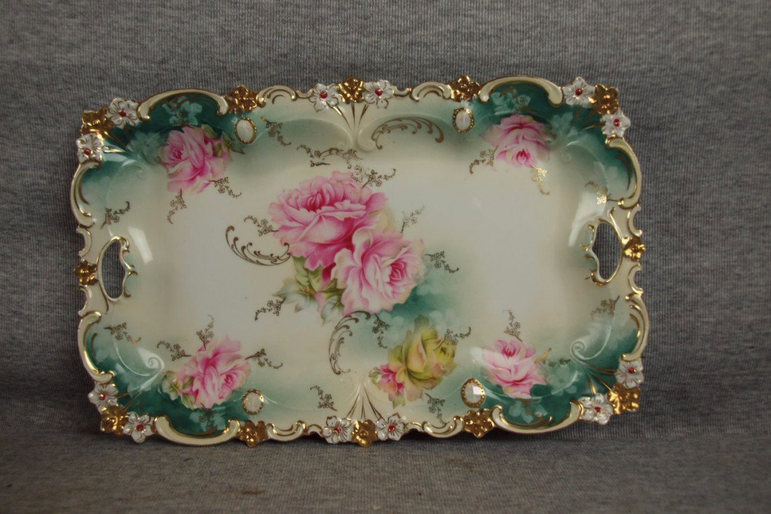 R.S. Prussia dresser tray with roses, 11 1/2"