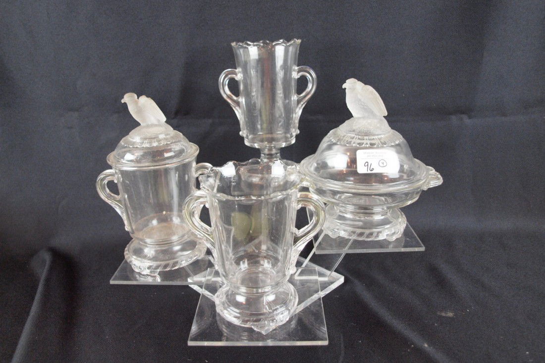 EAPG "Frosted Eagle, Old Abe" table setting pieces: EAPG "Frosted Eagle, Old Abe" table setting pieces - covered sugar, celery vase, covered butter and spooner, (chip to eagle's wings of both)