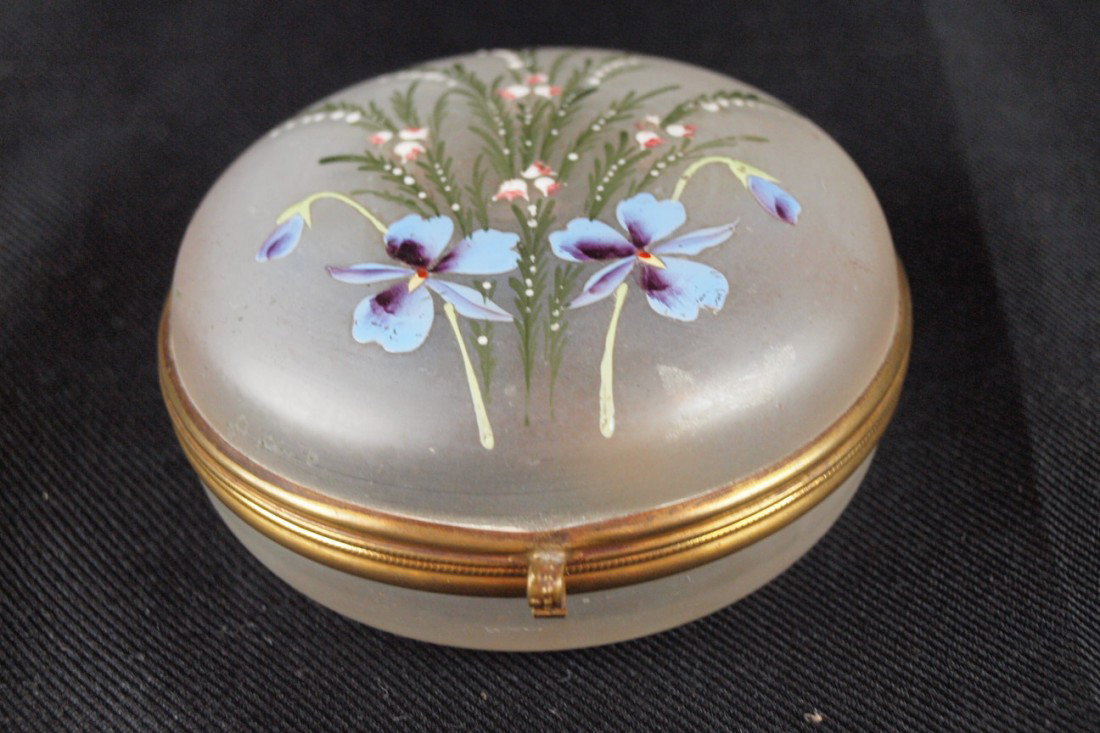 Satin glass jewelry casket with enameled violets, : Satin glass jewelry casket with enameled violets, 3 3/4"d