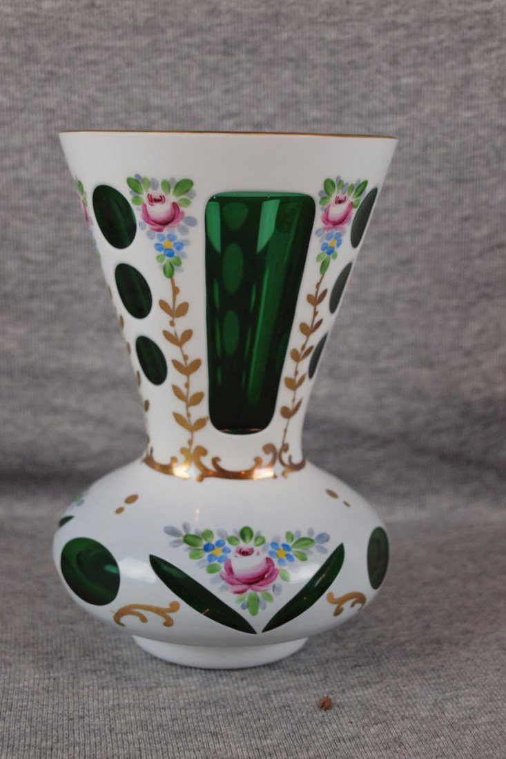 Bohemian glass cut to emerald green vase with enam