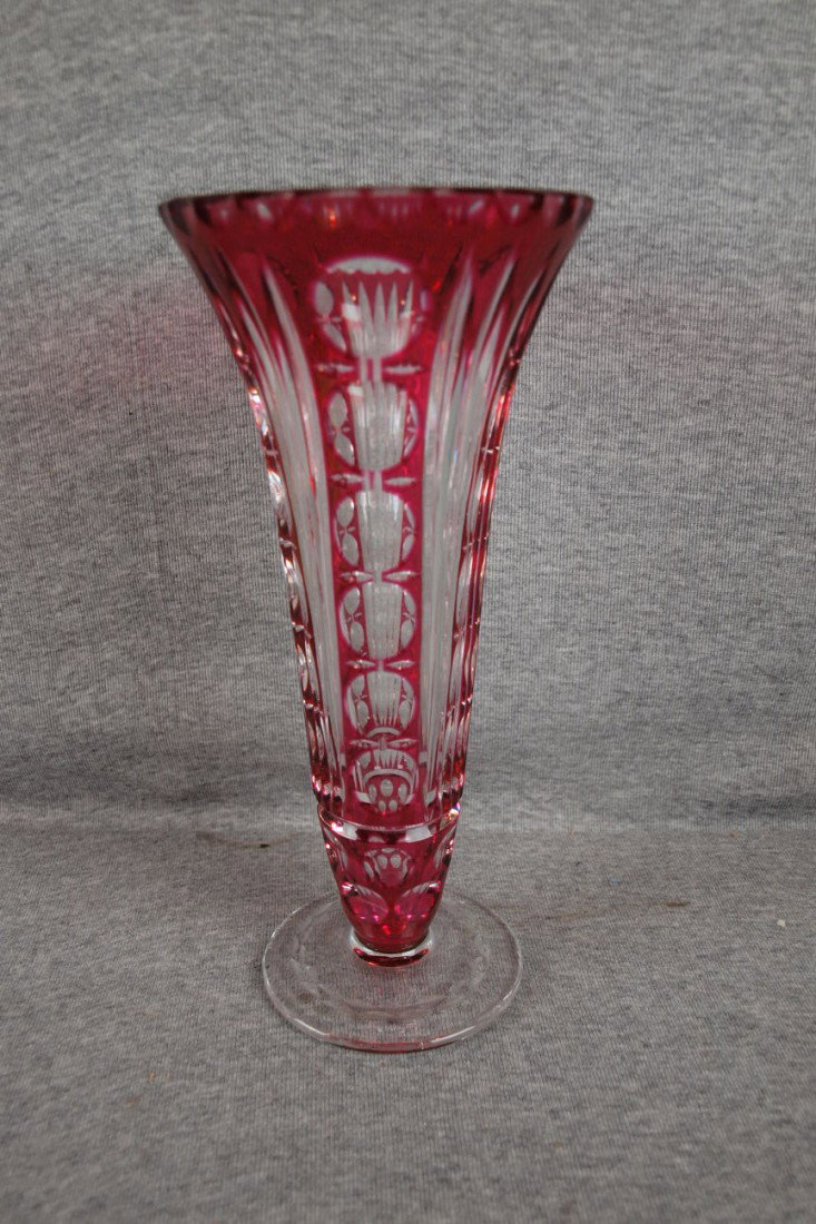 Bohemian cranberry cut to clear vase, 10 3/4" 