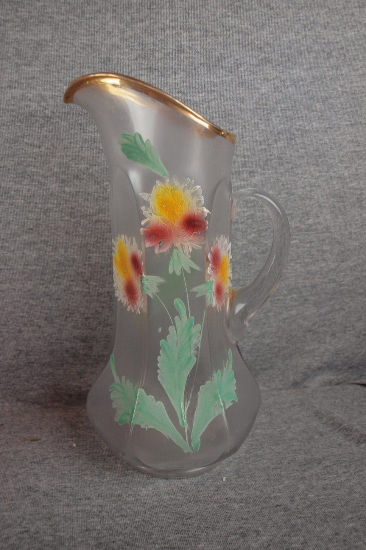 Clear satin glass tankard with floral enamel, 13" 