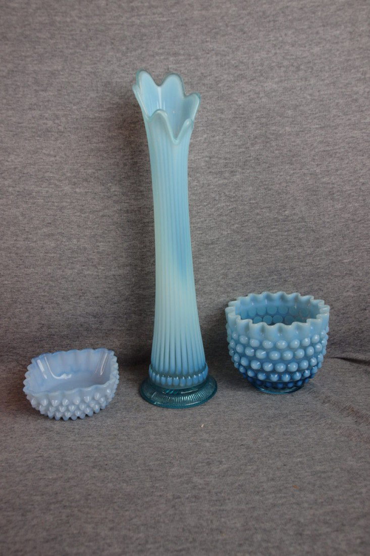 Lot of 3 blue opalescent glass pieces