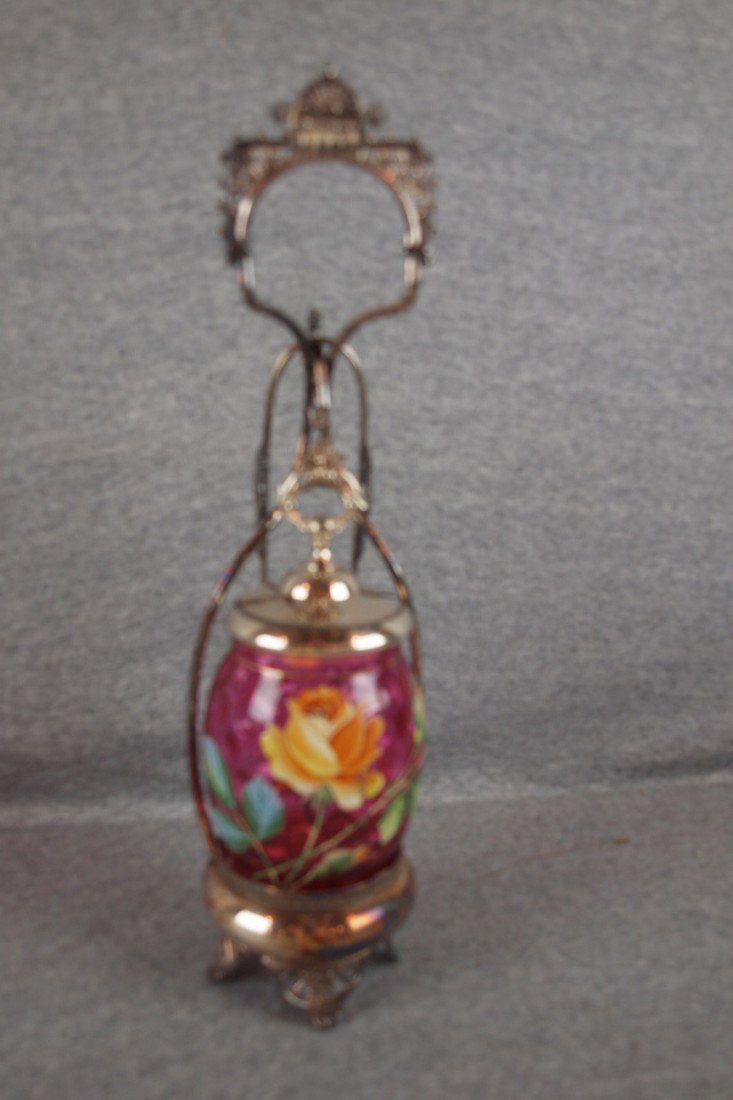 Cranberry glass pickle castor with enamel roses, 1 - 2