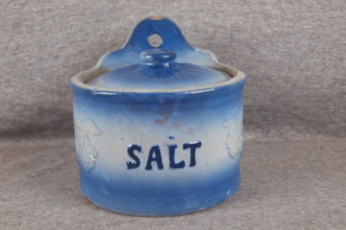 Blue and white stoneware salt crock, blackberry, w