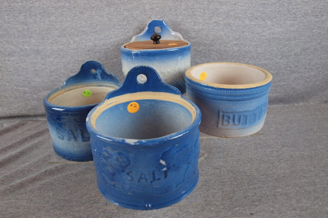 Blue and white stoneware lot of 3 salt crocks and