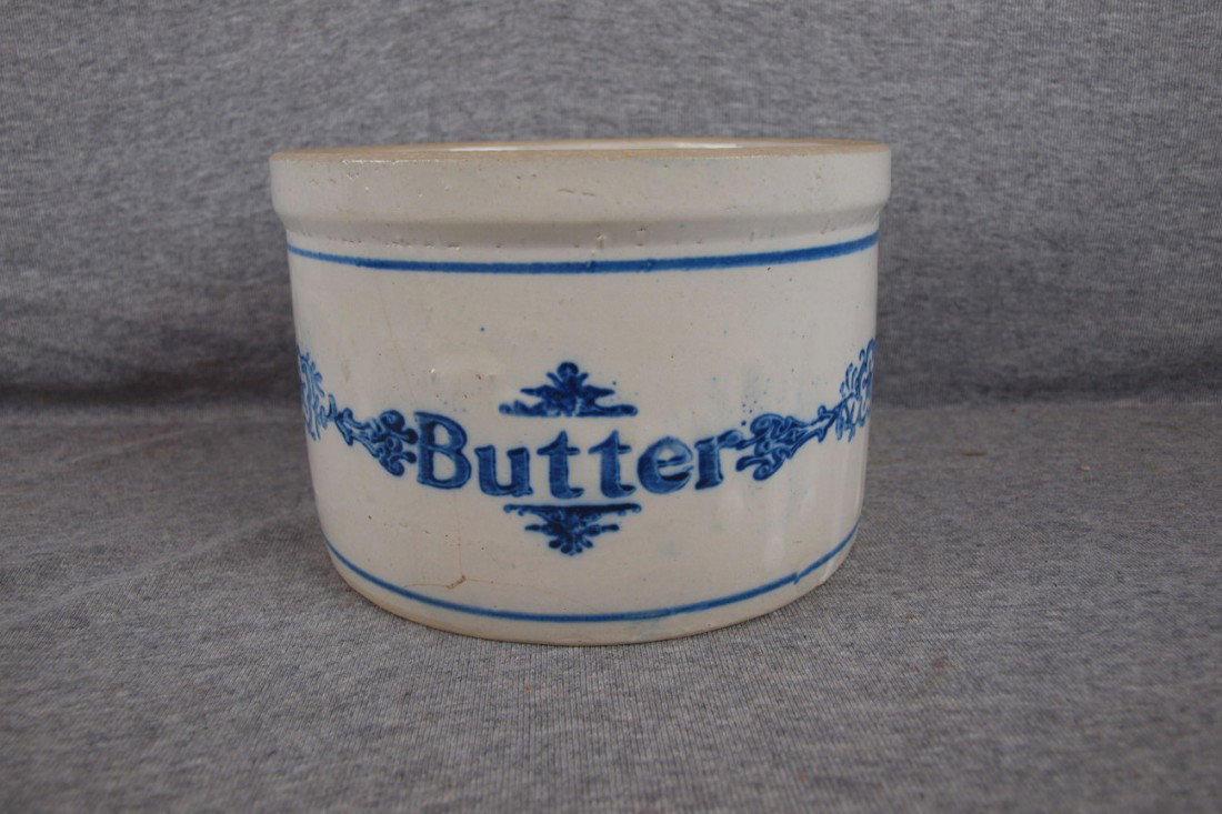 Blue and white stoneware butter crock