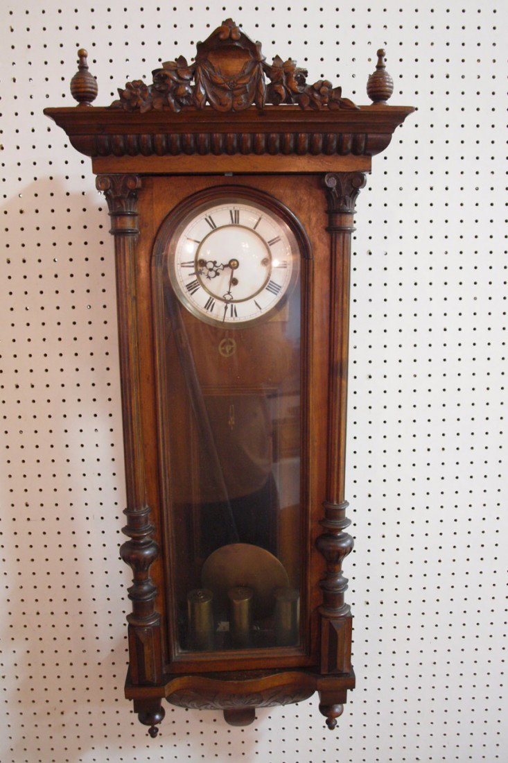 Walnut Vienna 3 weight wall regulator clock, 45"