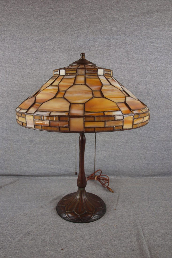 Handel table lamp with 17" leaded glass shade, 3 s: Handel table lamp with 17" leaded glass shade, 3 socket base with acorn pulls, bronze base signed Handel "1801", 22"h, shade signed Tiffany Studios, New York
