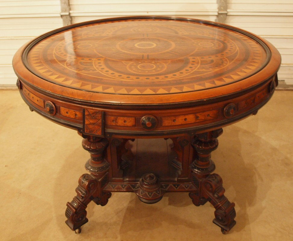 Walnut monumental pub table with fancy inlaid top