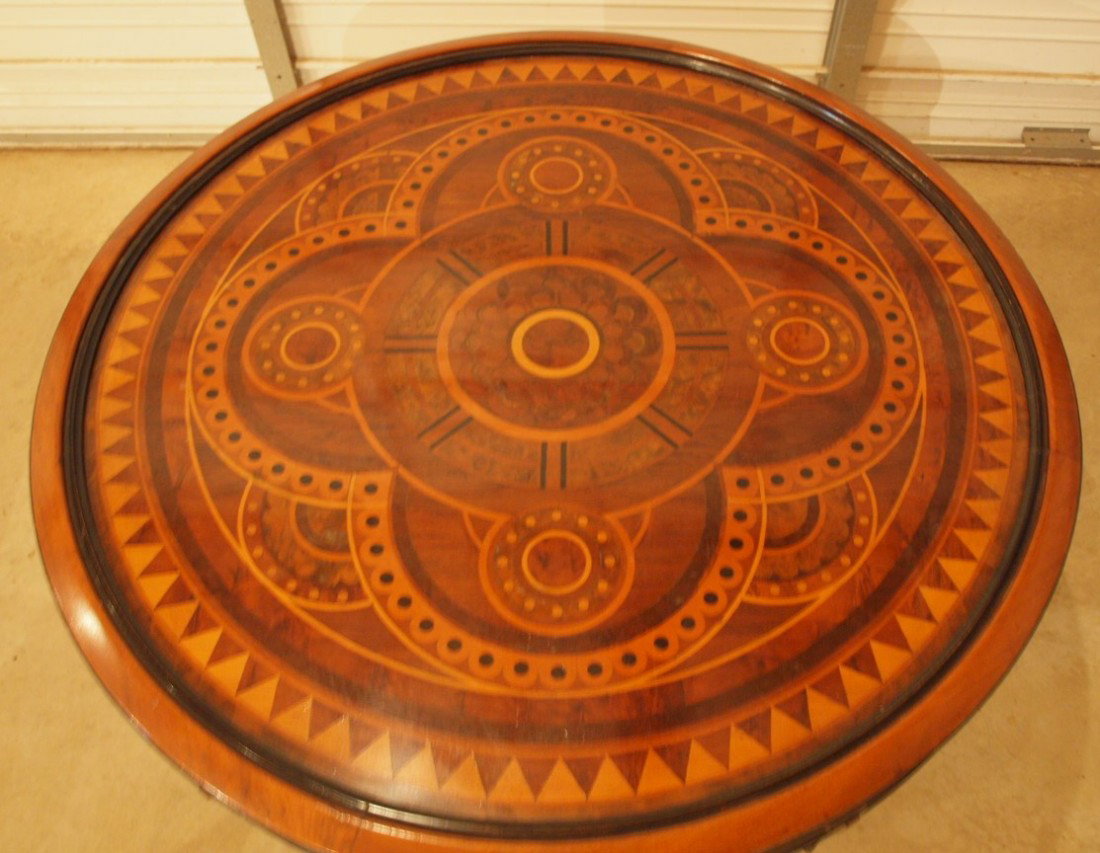 Walnut monumental pub table with fancy inlaid top - 2