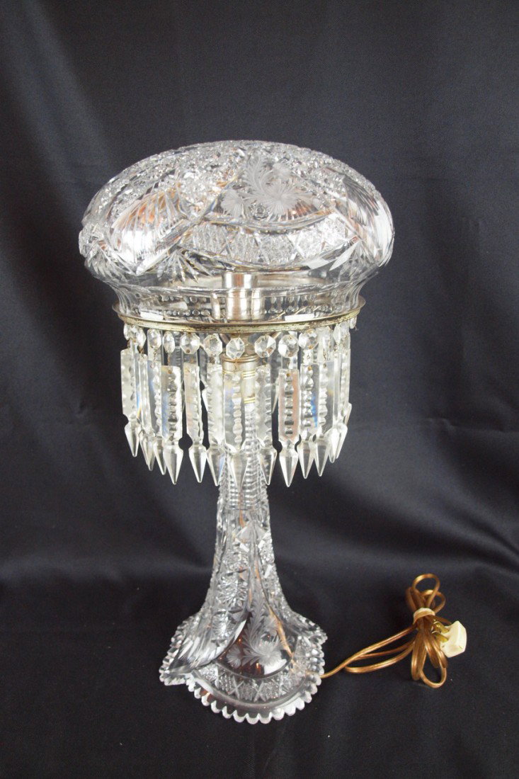 Cut glass lamp with dome shade and prisms, 20"h, 1