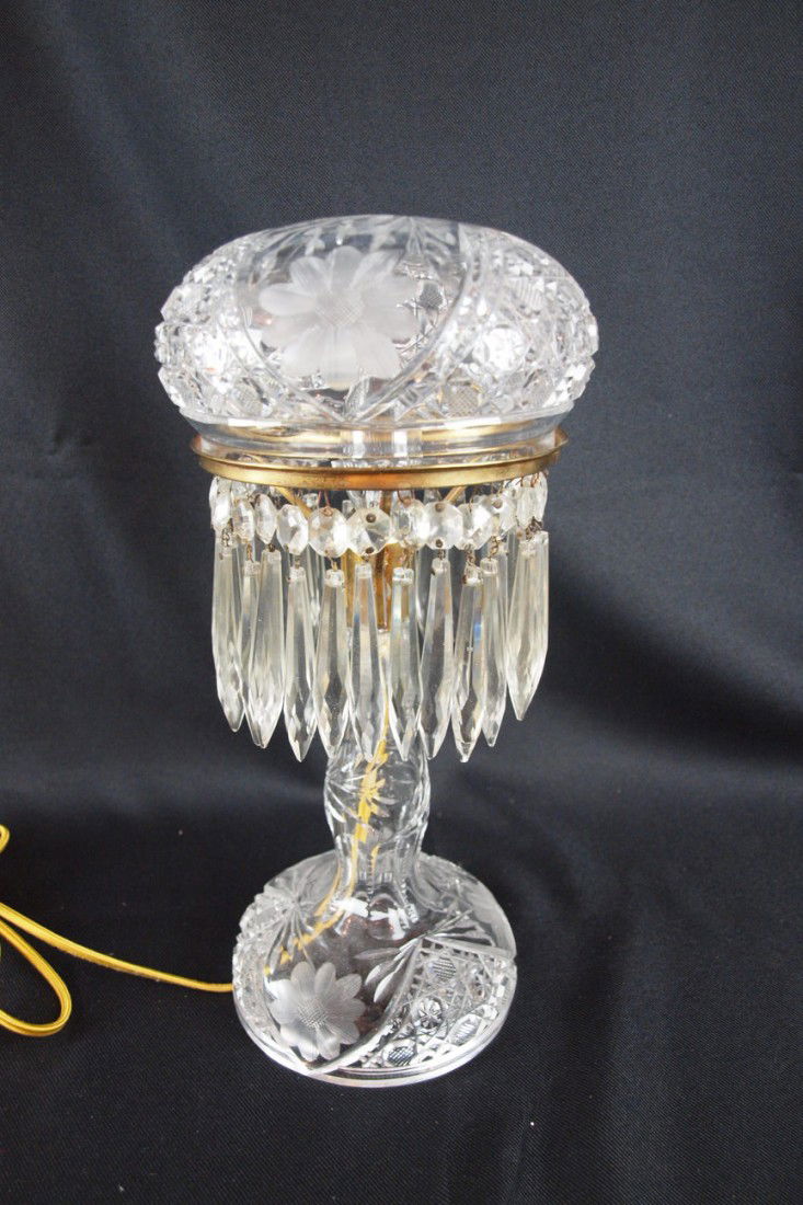 196 Cut glass dresser lamp with dome shade and prisms,