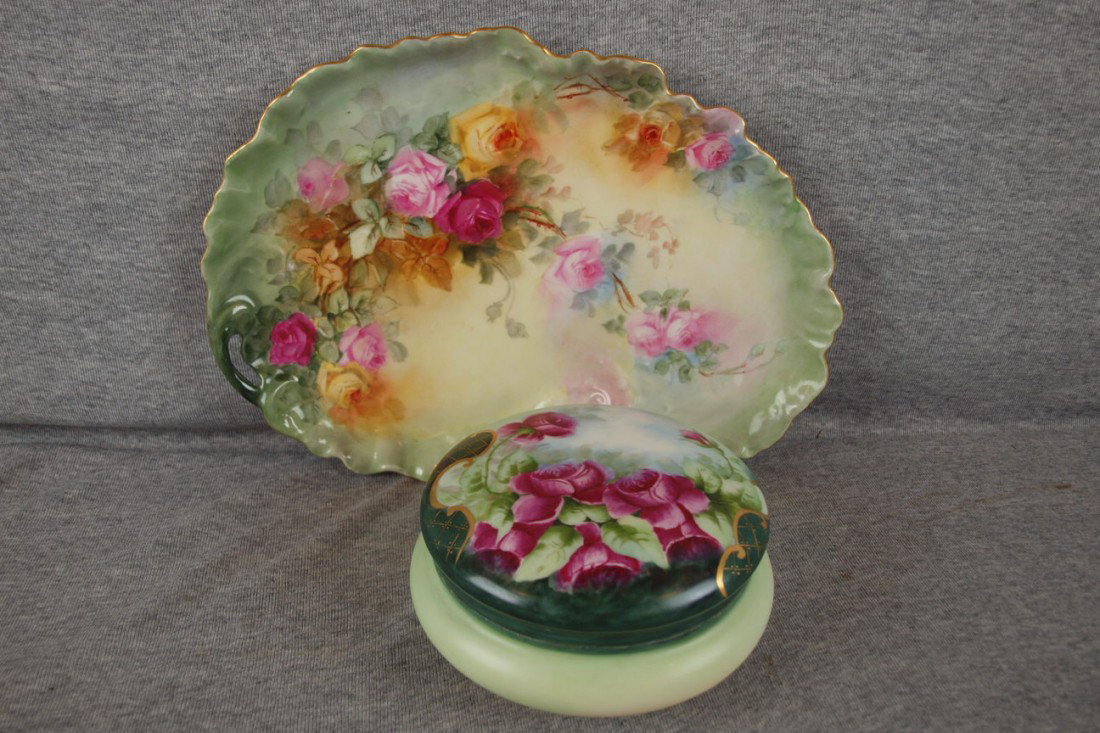 Limoges hand painted floral dresser tray and powde