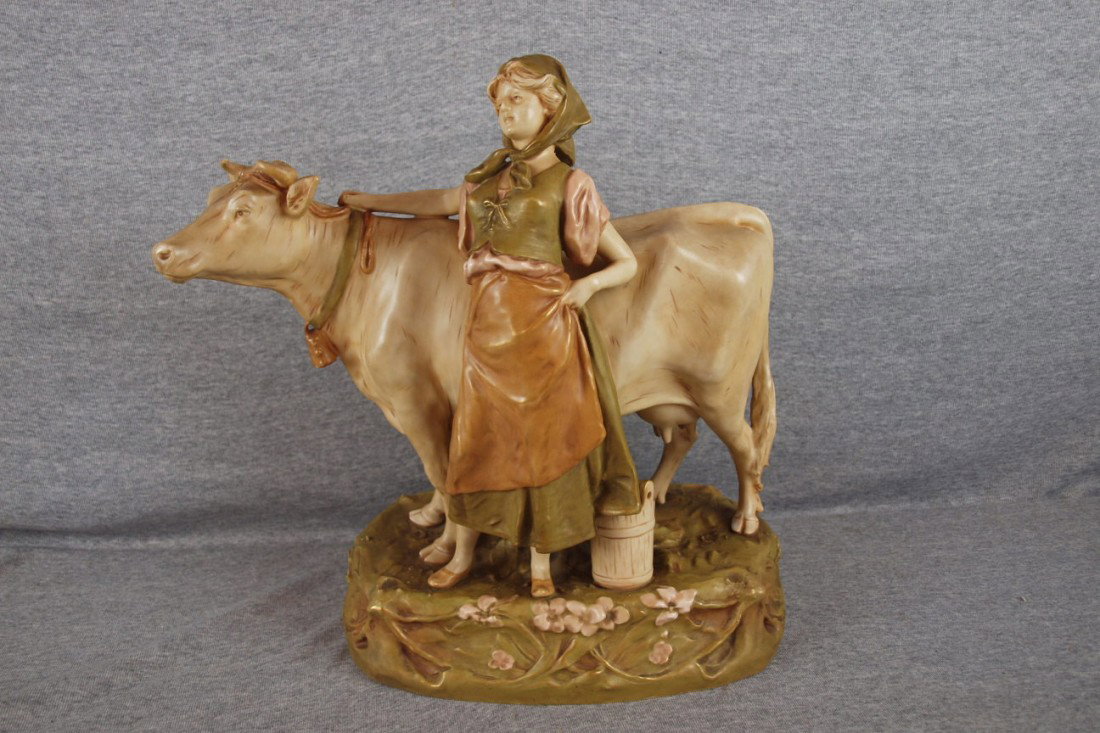 Royal Dux figure of lady with cow, 15"h, 15"l, rep