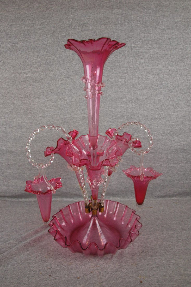 Rare cranberry glass 4 lily epergne with 3 hanging