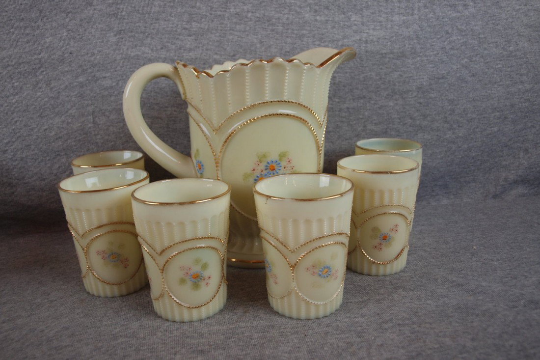 Custard glass "Beaded Circle" with floral enamel 7