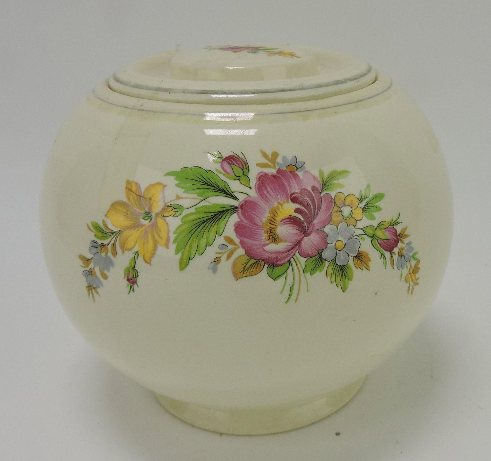 Kitchen Kraft Oven Serve medium: ball canister with flower decor, wear