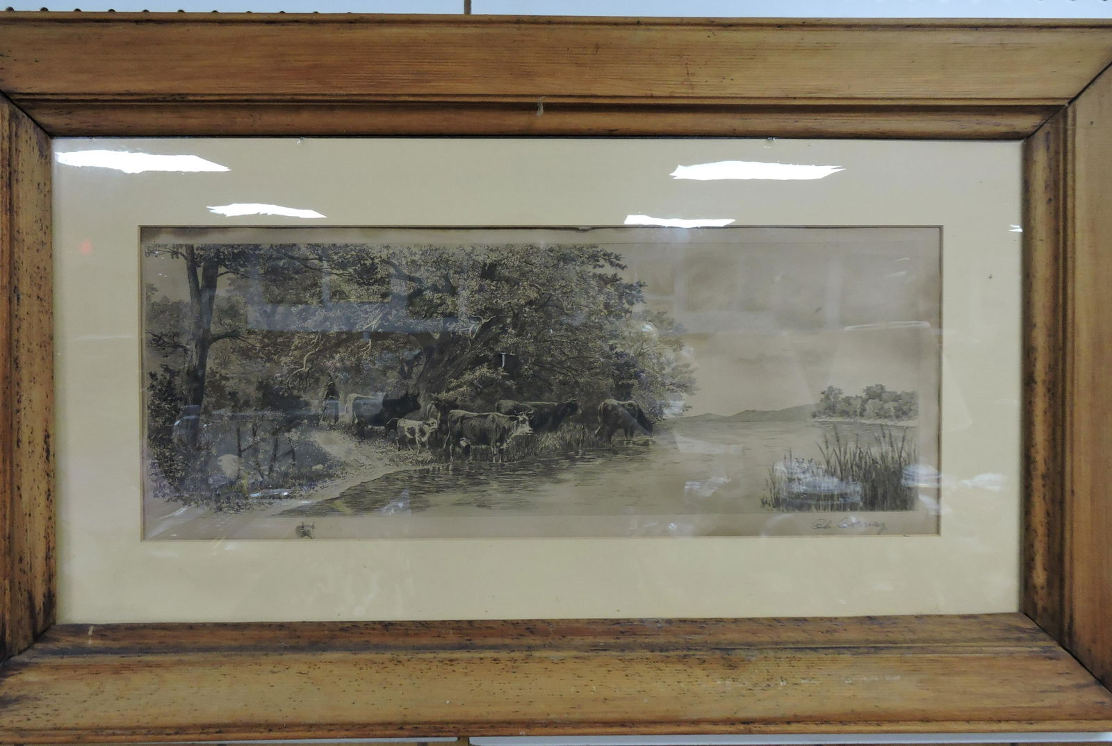 Etching of cows at river crossing, (1 of 2)