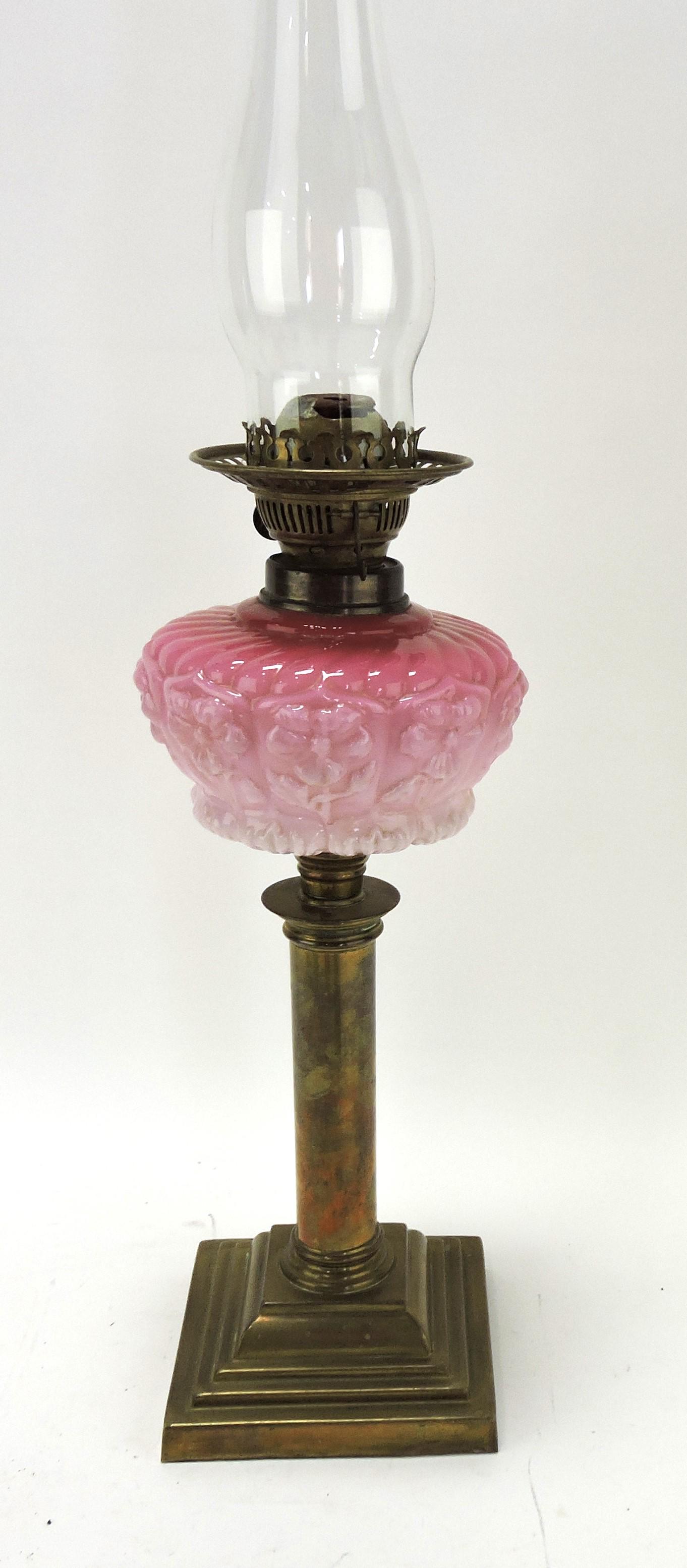 Consolidated pink cased glass: banquet lamp with floral molded font, 18"